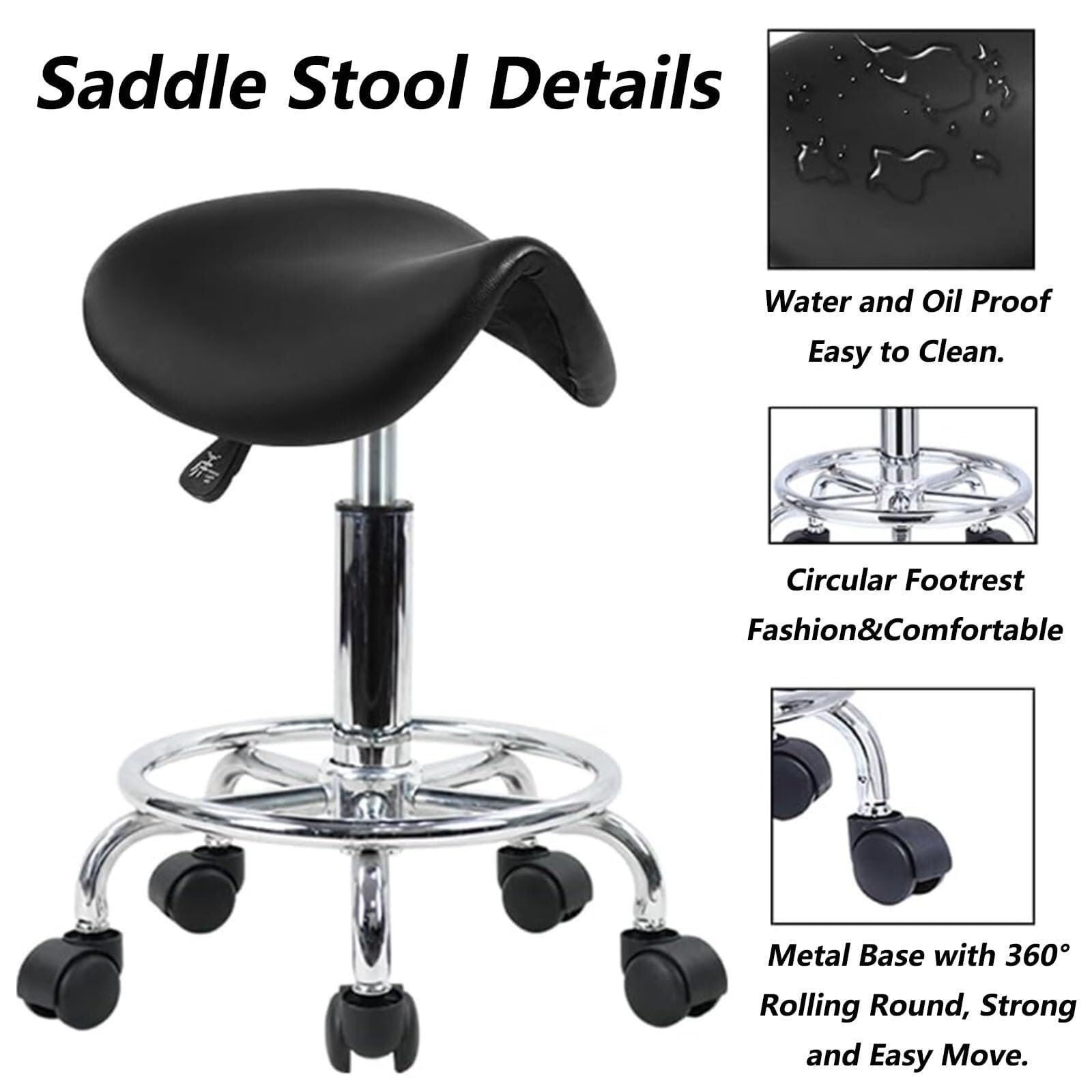 Silla con Ruedas Ajustable con Ruedas - Taburete de Bar Giratorio sin Brazos de Cuero PU for Laboratorio, Clínica, Dentista, Médico, Masaje, Salón