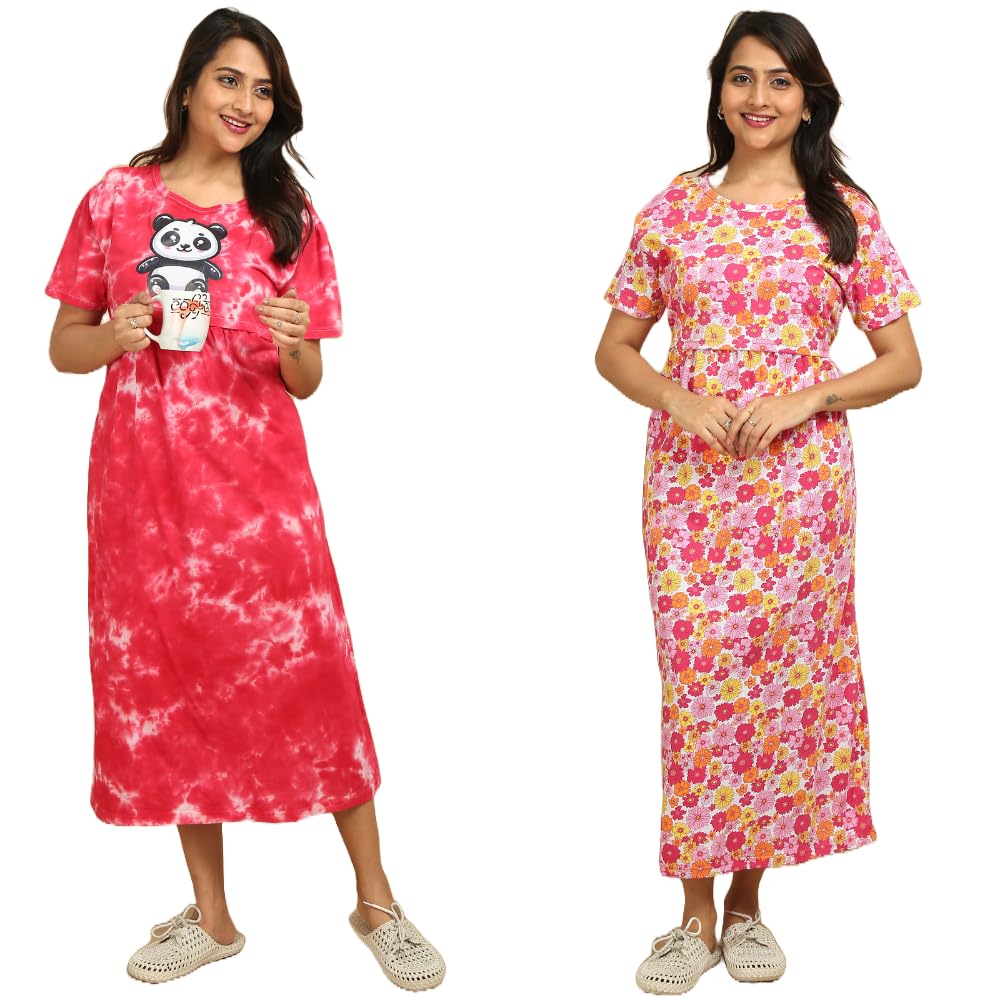 Mayaval Cotton Maternity & Nursing Dress Set for Women – Pack of 2 Midi Feeding Dresses in Red Tie-Dye and Multicolor Floral Prints-image-40