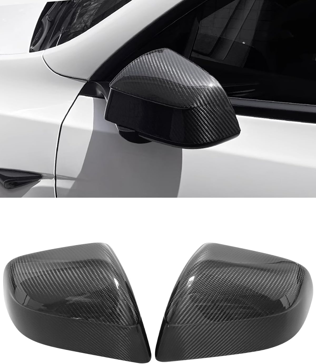Carbon Fiber Mirror Cover Replacement Side View, 2PCS Glossy Real Carbon Fiber Rearview Mirror Protection Cover Compatible with Tesla (model y and juniper)