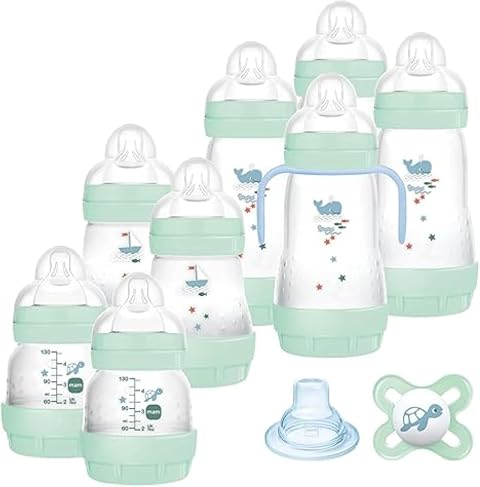 MAM Biberon Set, 8 Easy Start (4 x 130 ml & 4 x 260 ml), Verde | Include 1 Ciuccio Original Start, 1 Beccuccio extra morbido & 1 Manico, Riduce bolle d'aria, Autosterilizzante, Senza BPA/BPS