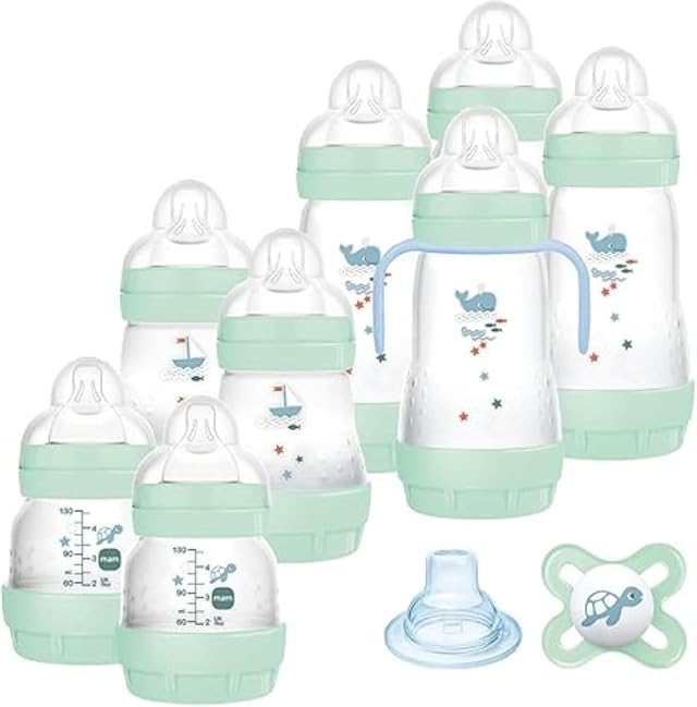 MAM Biberon Set, 8 Easy Start (4 x 130 ml & 4 x 260 ml), Verde | Include 1 Ciuccio Original Start, 1 Beccuccio extra morbido & 1 Manico, Riduce bolle d'aria, Autosterilizzante, Senza BPA/BPS