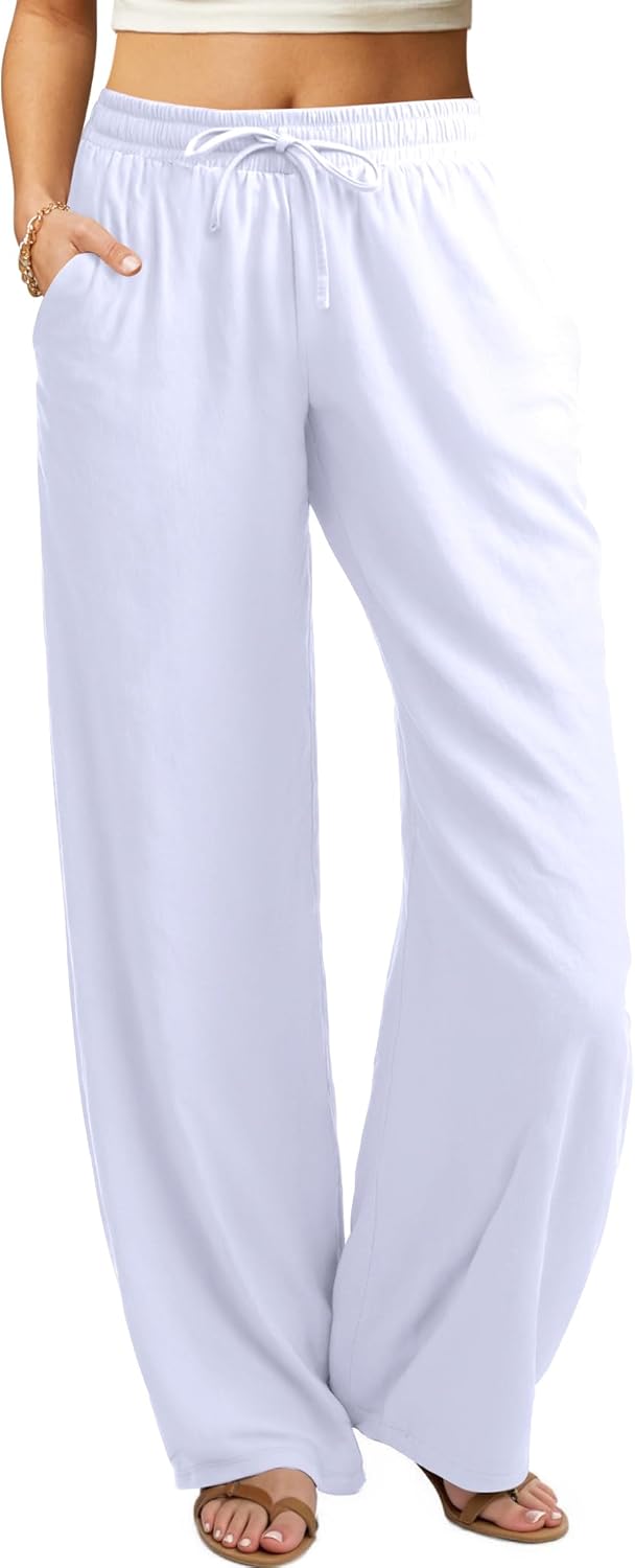 keriffe Women's Summer Casual Pants Loose Fit Beach Pants High Waist Drawstring Wide Straight Leg Palazzo Trousers Pockets