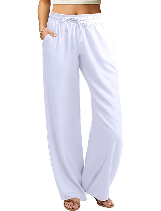 keriffe Womens Summer Casual Pants Loose Fit Beach Pants High Waist Drawstring Wide Straight Leg Palazzo Trousers Pockets
