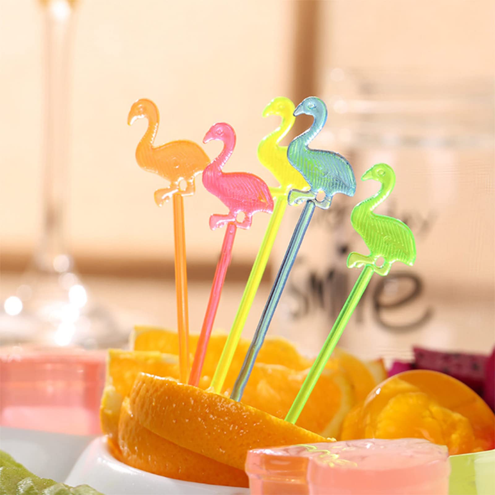 Photo 1 of 150 PCS Flamingo Food Fruit Toothpick Plastic Picks Fruit Stick for Hawaii Party Reusable Cake Desserts Toothpick Food Forks for Bar Summer Wedding Tropical Party Decoration Supplie