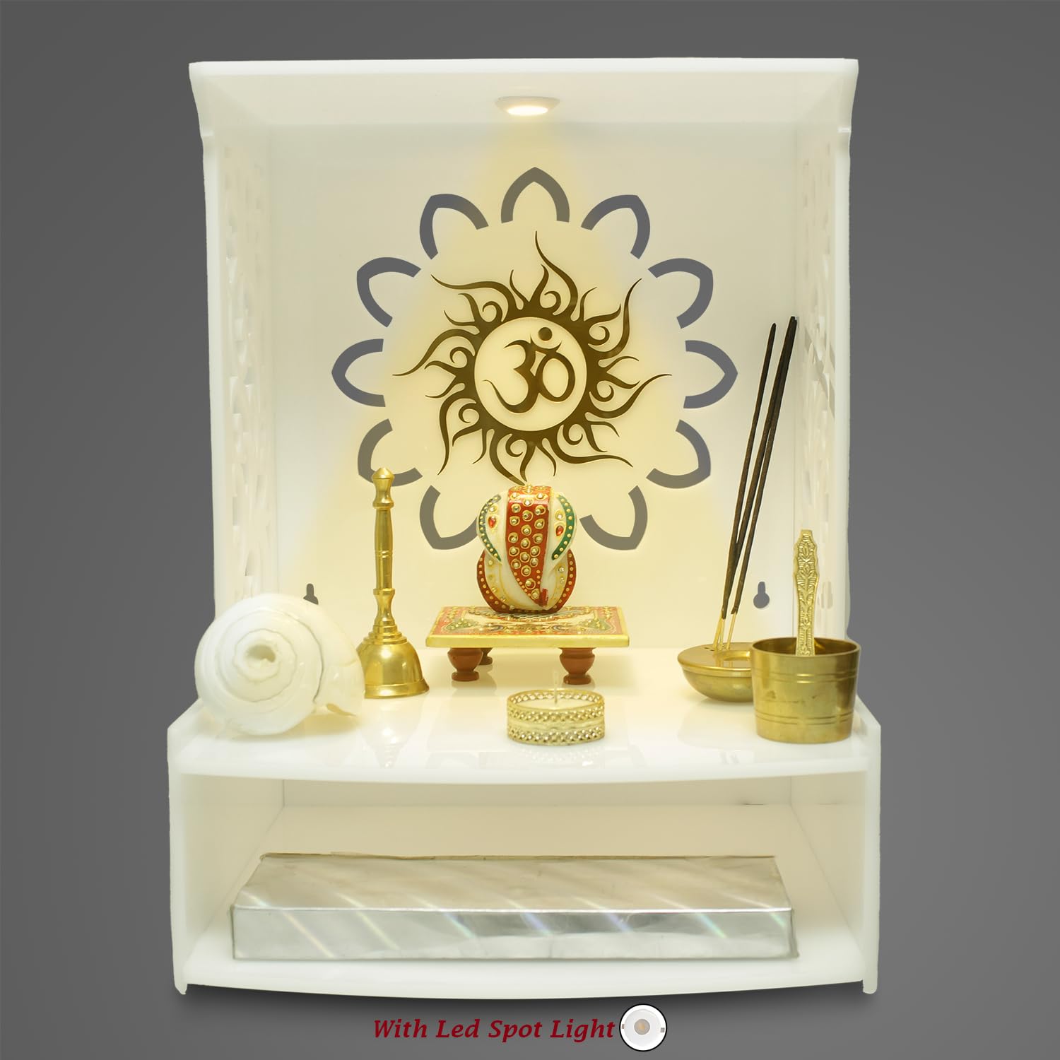Puja Mandir - Puja Mandir in acrilico per casa e ufficio, montaggio a parete con faretto a LED, dimensioni (H- 15,5, L- 11,5, W-28 cm)
