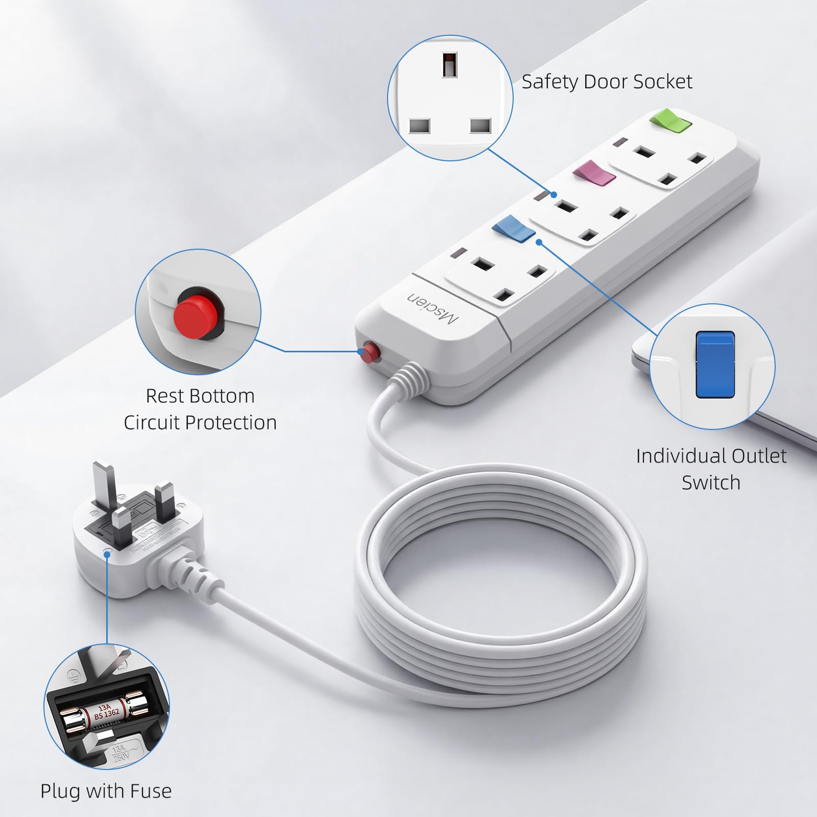 Mscien Extension Lead 1M 3 Way, Fused 3 plug Extension Socket with Individual Switches Mountable Overload Protection Power Strips with 1 Metre Extension cable 2500W — view 2