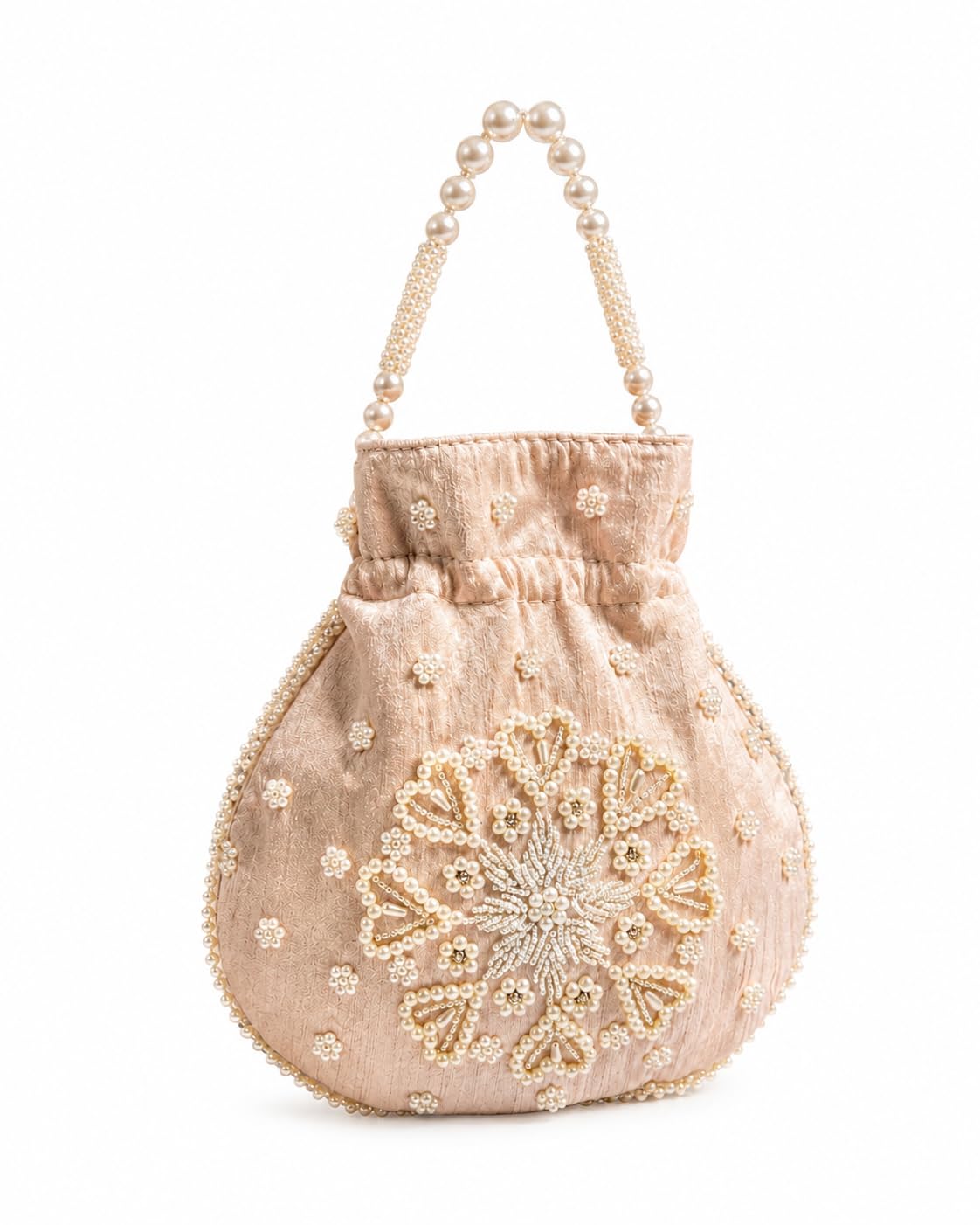 Pearl Embellished Potli Bag, Peach, Beaded Handle, Floral Motif, Ethnic-image-2