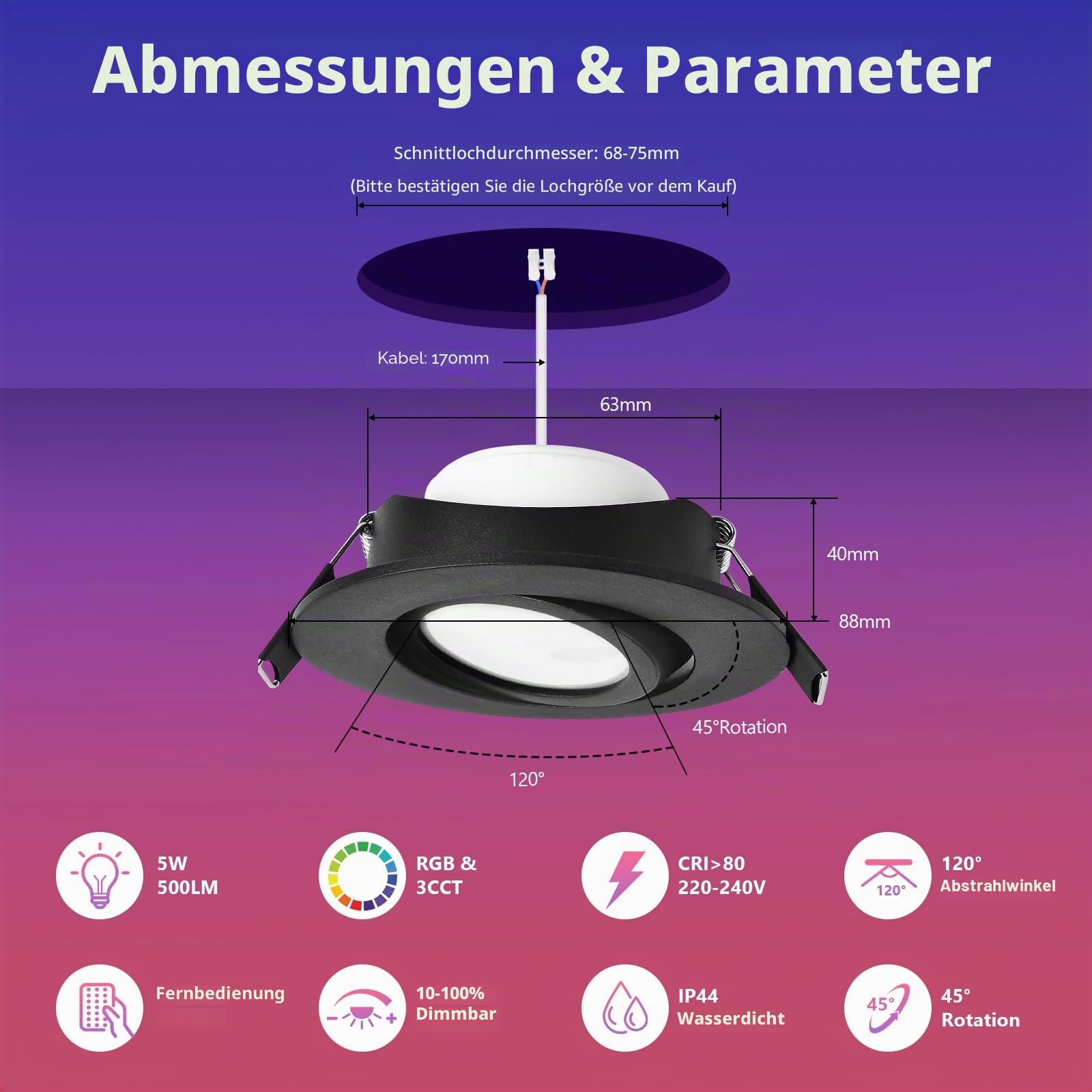 GeyouLux LED Einbaustrahler RGB Dimmbar,Aluminium, mit Fernbedienung, 6 St | 68-75mm Lochmaß, IP44 Wasserdicht, 5W 230V, 120°+45° Schwenkbar, Rostfrei, für Deckenmontage, Wohnzimmer, Schwarz