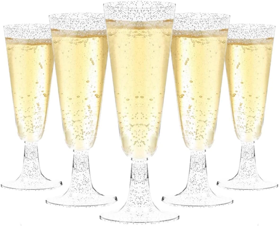 TaoyanmoPremium Elegant Plastic Champagne Flutes with Gold Glitter, 150ml - Reusable Toasting Glasses, Cocktail Prosecco Glasses for Weddings, Birthdays, Christmas, BBQ, Parties (25-Goldglitter)