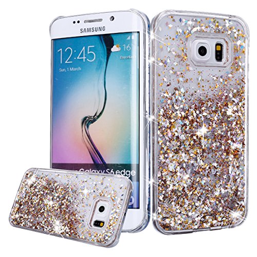 PHEZEN Galaxy S6 Case, Galaxy S6 Bling Glitter Case, 3D Creative Design Shiny Quicksand Flowing Bling Glitter Sparkle Heart Clear Hard Case for Samsung Galaxy S6 - Gold Diamonds