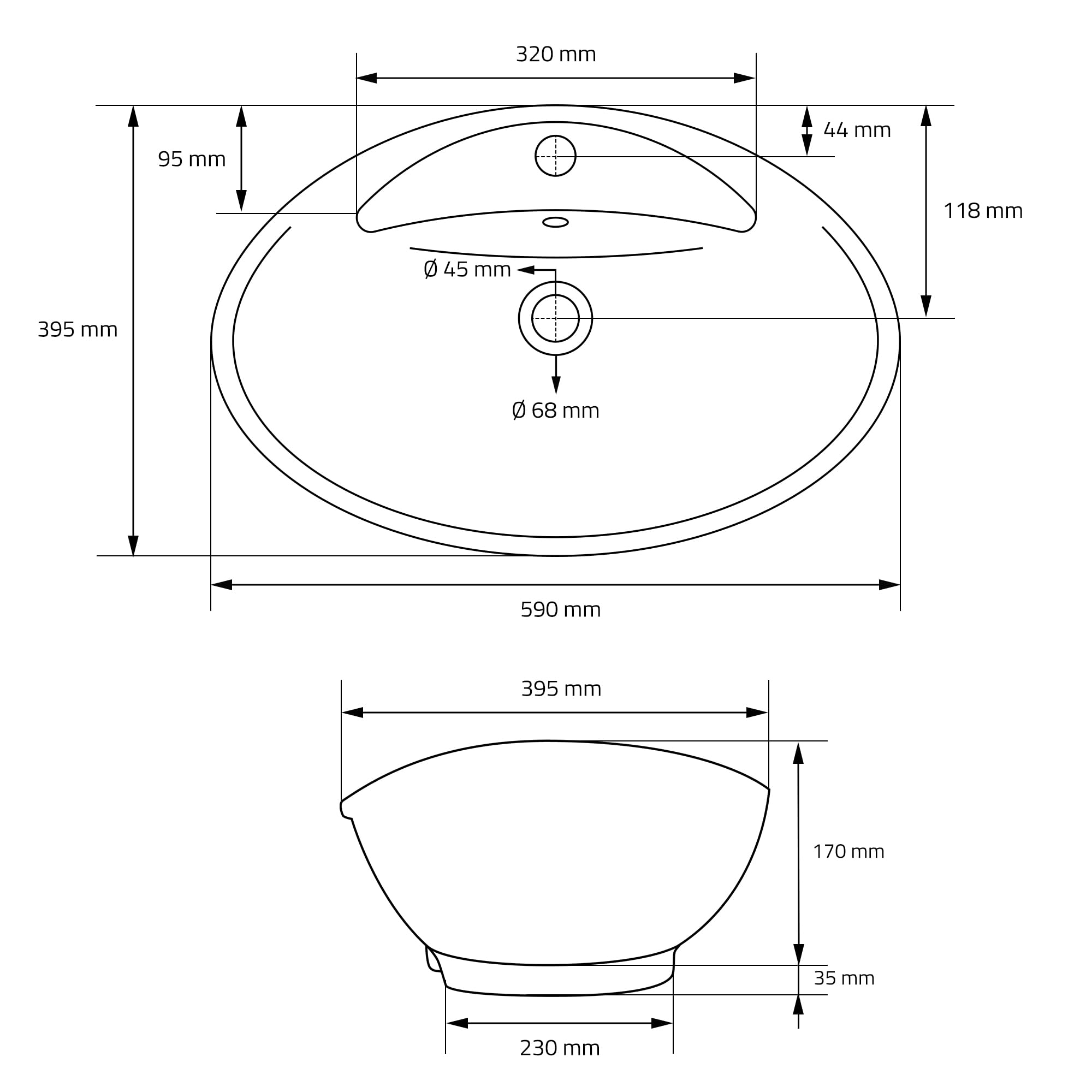 LuxeBath Lavabo in Ceramica Bianco Lucido 590x395x205 mm Lavandino da Appoggio Ovale Design Moderno Lavamani Bacinella Sanitari Arredo da Bagno Toilette Casa Lavello incl. Piletta e Troppopieno