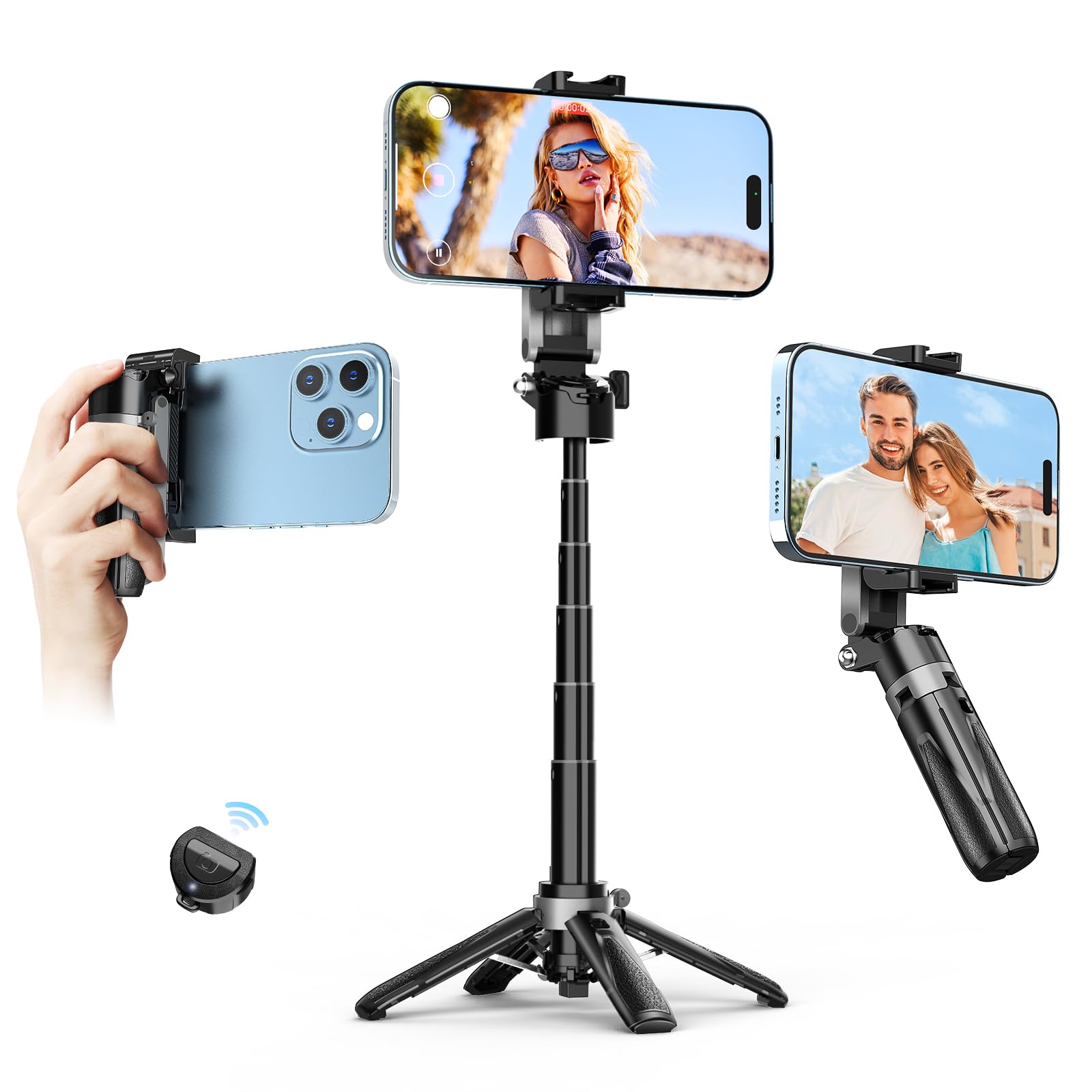 Eocean Mini Selfie Stick Tripod with Remote, Compact Selfie Tripod for iPhone, Phone Tripod Grip Mobile Stand with 2 Cold Shoe Mounts, Lightweight Phone Holder for Video Recording Shooting Photography 41.5cm