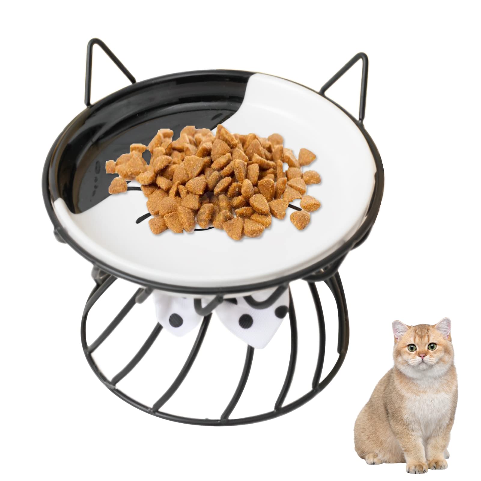 Ceramic Cat Bowl with Metal Stand, Elevated Cat Bowl Anti Vomiting Shallow Ceramic Dish Cat Food Bowl Food Water Feeding Bowls for Cats and Small Dogs (Black)