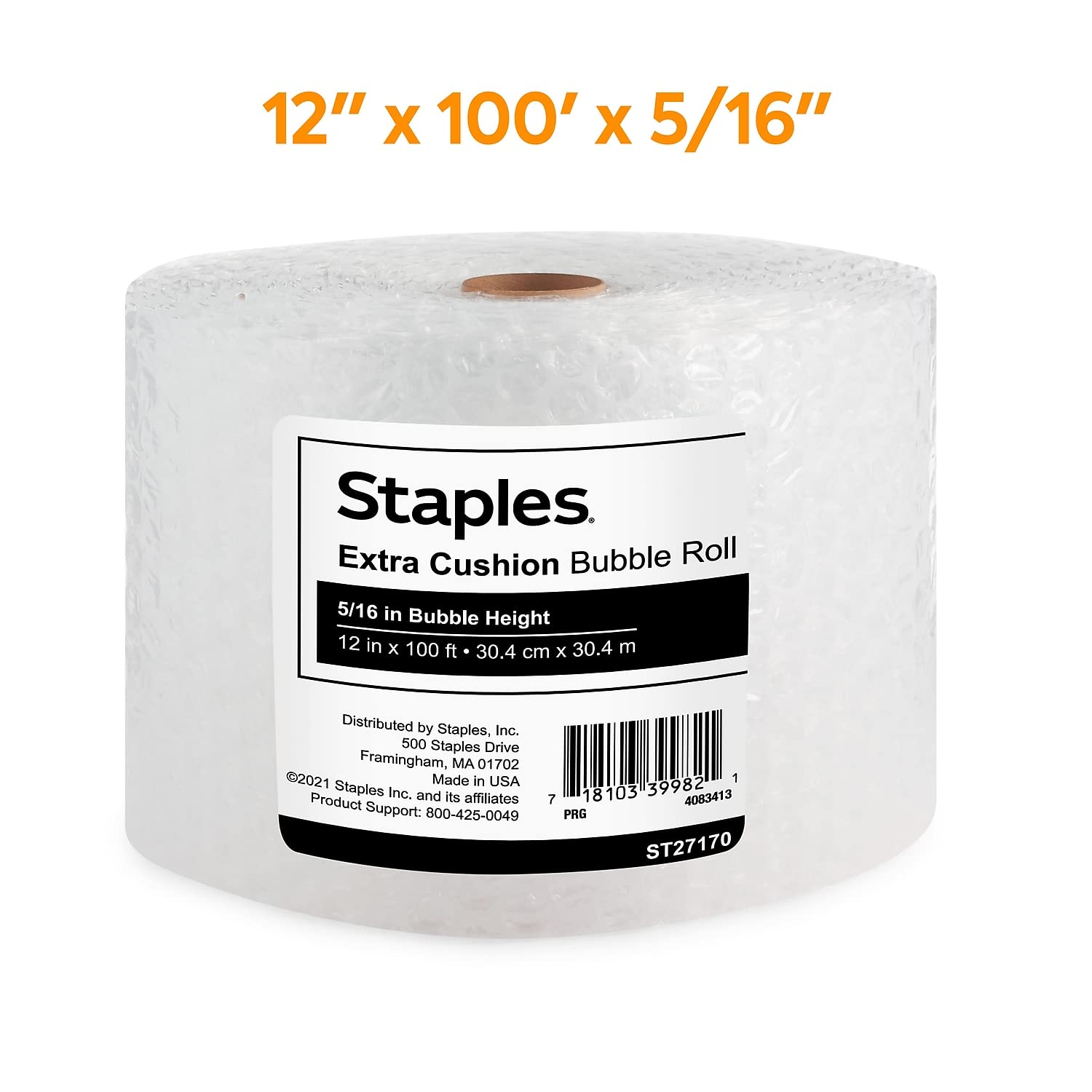 Staples 634043 Standard Bubble Roll, 5/16H x 12W x 100L (4069425), Single Roll