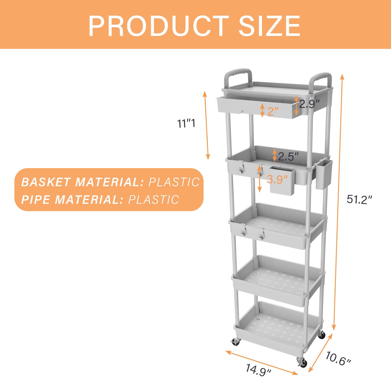 REBECAT - Carrito utilitario de 5 niveles con cajón, carrito utilitario hecho de herramienta organizadora de almacenamiento multifuncional para cocina, baño, sala de estar, oficina (gris)