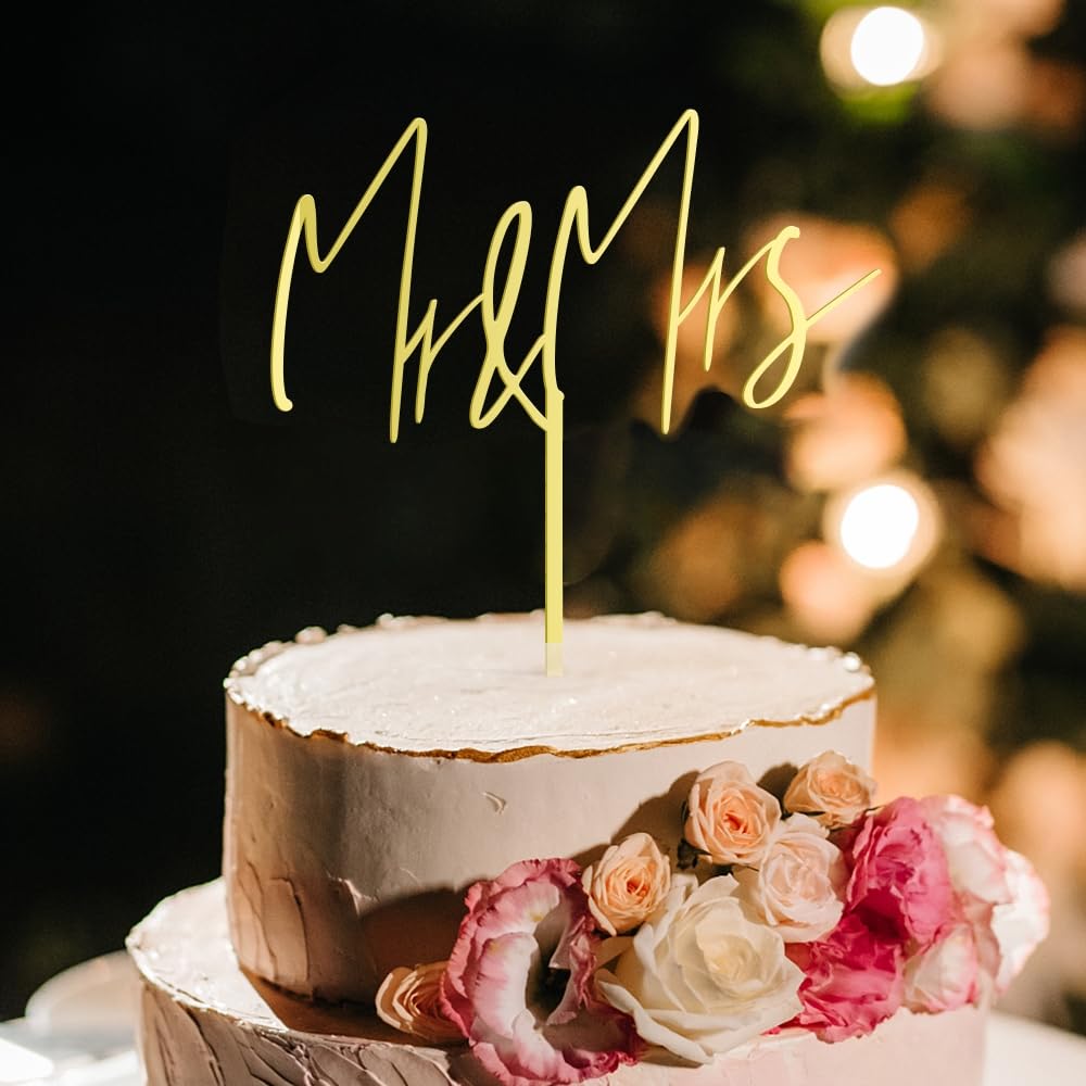 Party to Be Mr & Mrs Wedding Cake Topper in Golden Acrylic (Design 04)