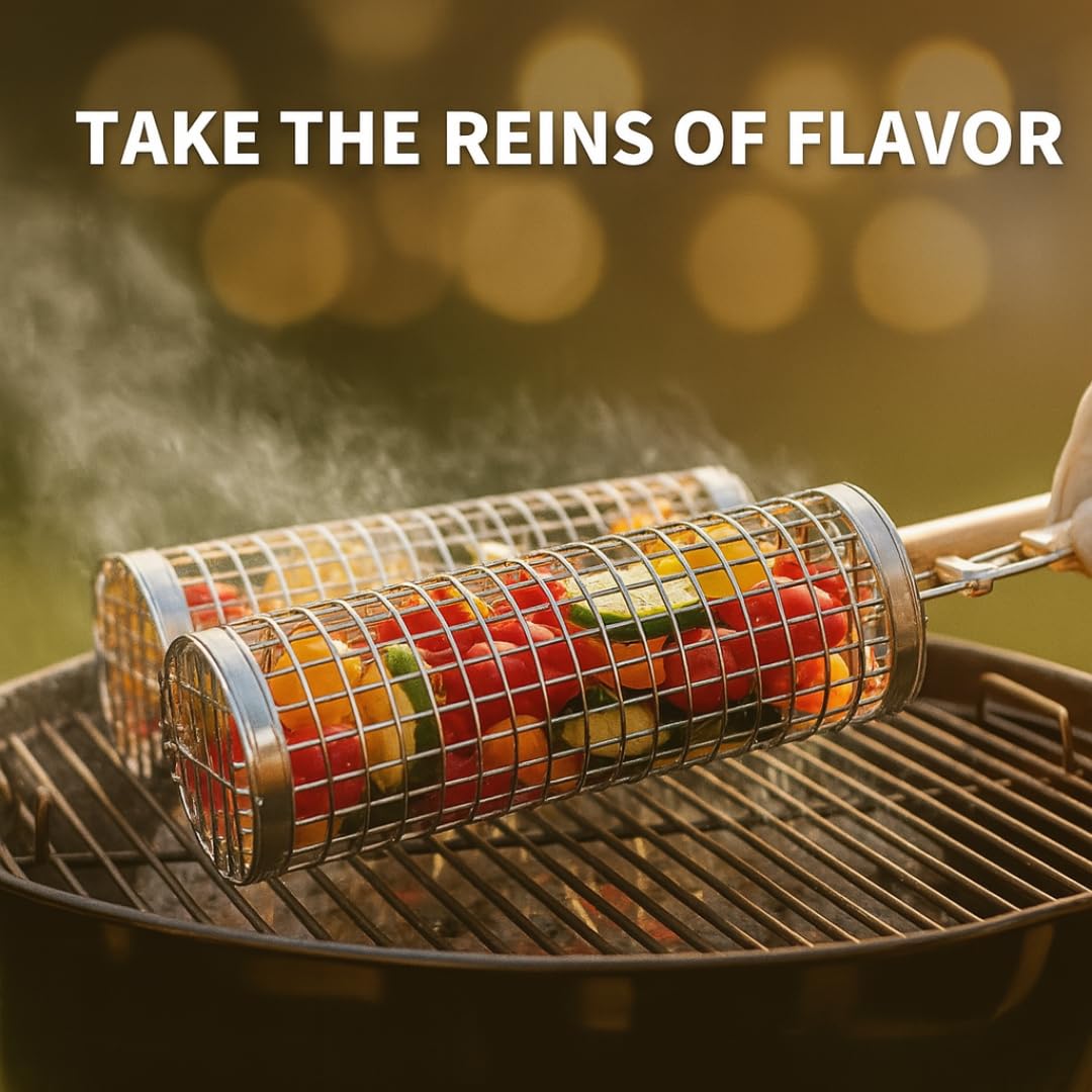 Grill Well 2.0 - Cesta rodante para parrilla (2 piezas) para verduras, kebob, camarones | Accesorios de parrilla para cocinar al aire libre y acampar | Regalo perfecto para el día del padre para