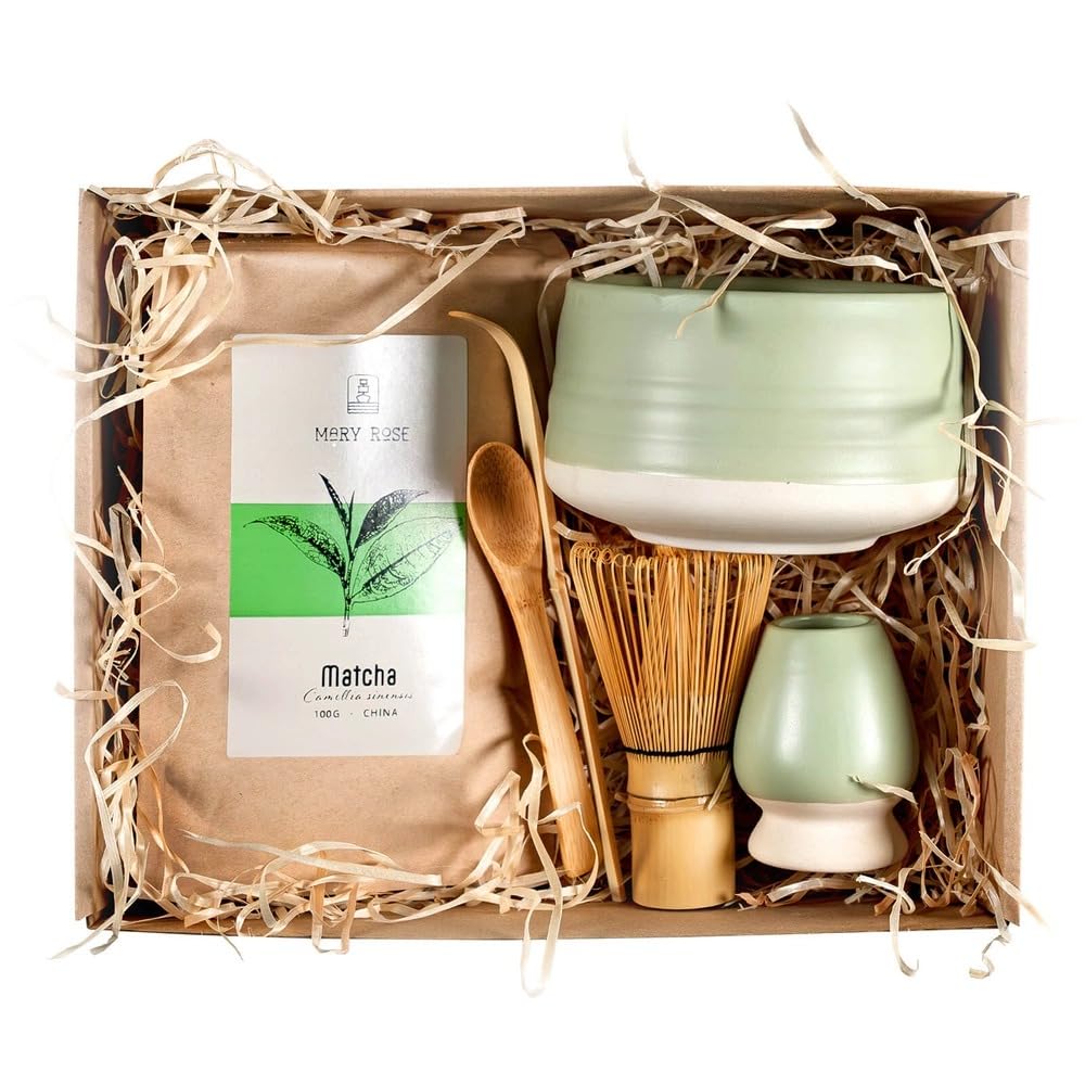 Mary Rose Matcha Set con Accessori | Mary Rose Matcha Tè Verde 100g | Matchawan | Kusenaoshi | Accessori in Bambù Chasen Chashaku