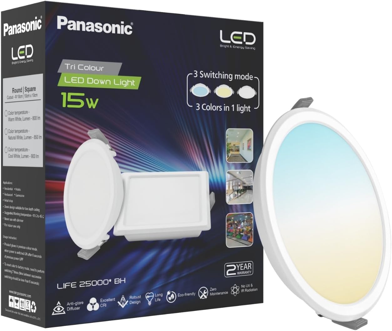 Panasonic 15W 3 in 1 Colour Downlight, Tri Colour Rund False Ceiling Light for Home, 100mm Cutout (Cool, Natural & Warm White - PDLM0115CNW)