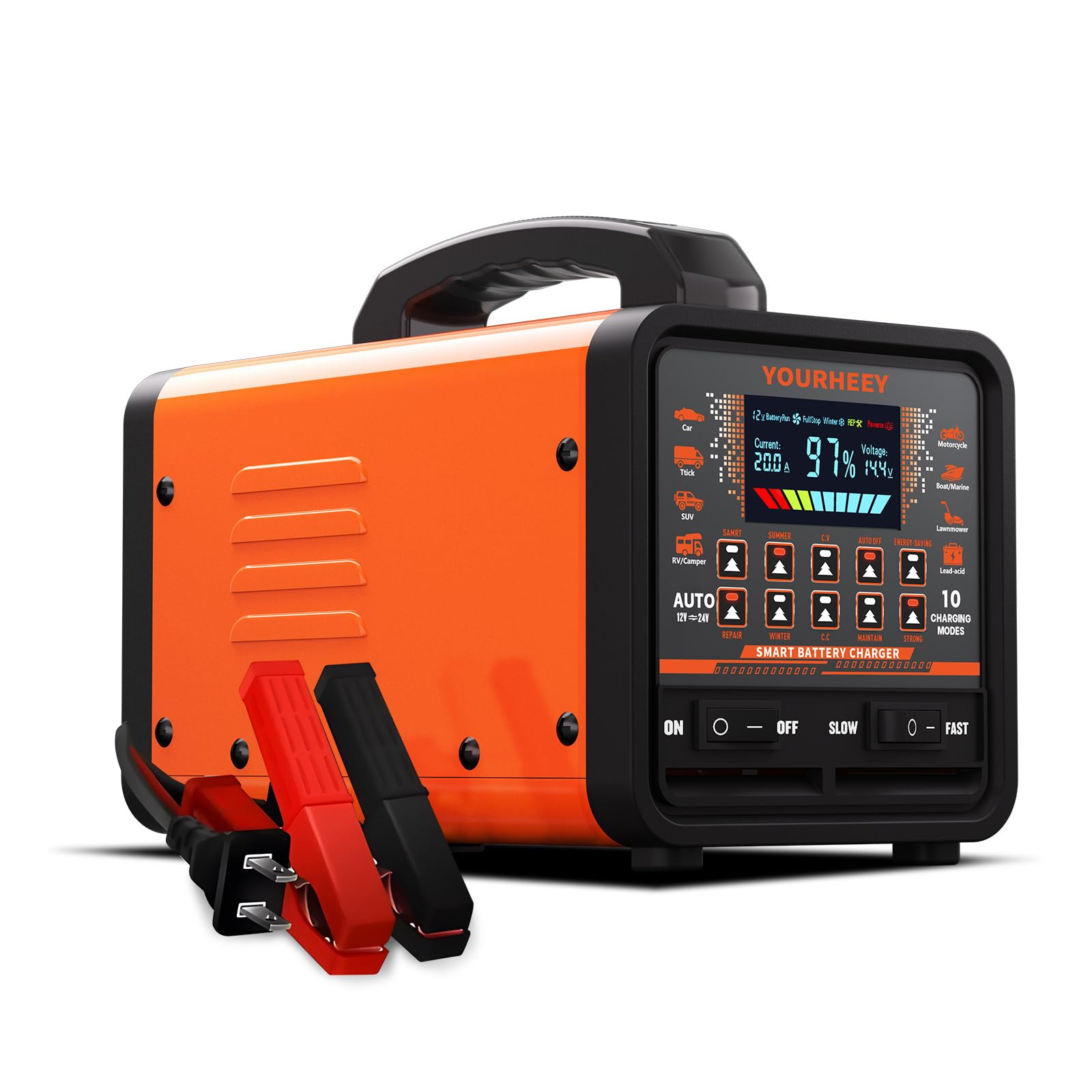 Cargador de batería de coche mejorado de 0 a 20 A, 12 V/24 V, mantenedor de batería inteligente totalmente automático con visualización LCD a color, cargador de goteo de reparación de pulsos de 10