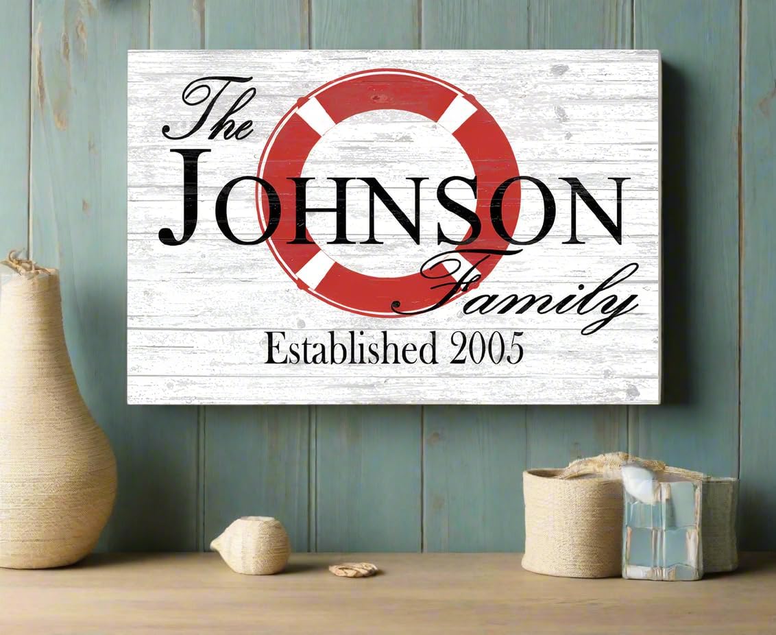 Custom Beach House Sign or Lake Home Sign - Name and Established Date - Solid Wood - 16.5in x 10.5in (Life Ring)