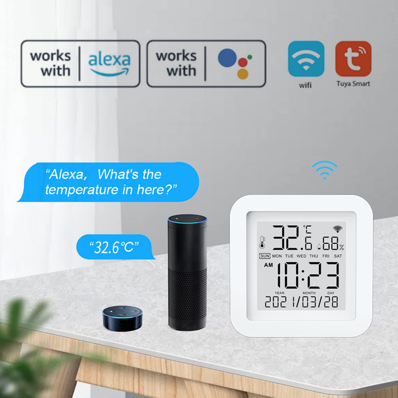 Tuya WiFi LCD Display USB Power Intellgient Sensoren ℉/℃ Switch Time/Date/Temperature/Humidity Display Home Intelligent Linkage Sensors Compatible with Alexa and Google Home