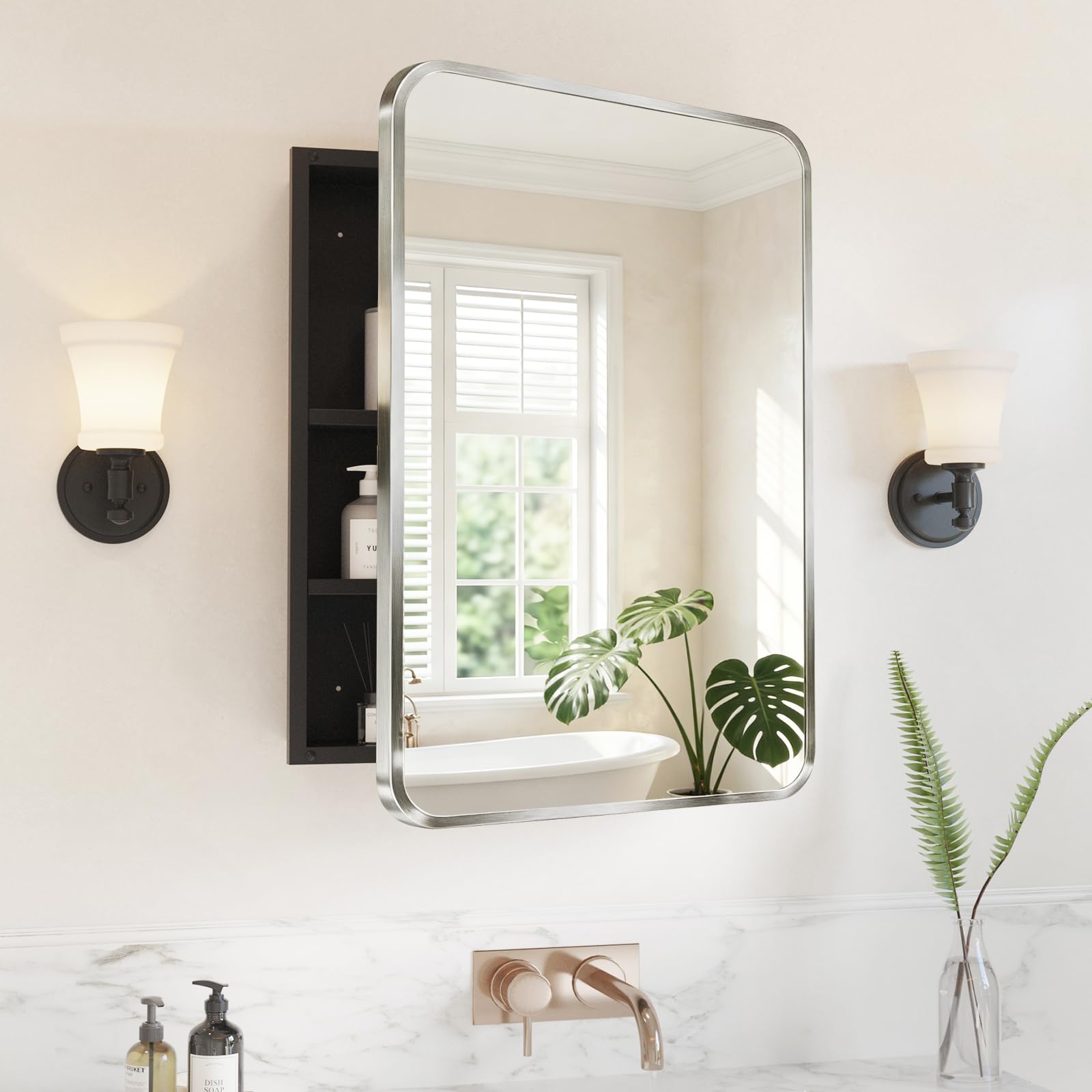 Yunnshee Yursa Medicine Cabinet Mirror 20x28 Inch, Brushed Nickel Bathroom Mirror Cabinet with Stepless Adjustable Shelves, Stainless Steel Frame,