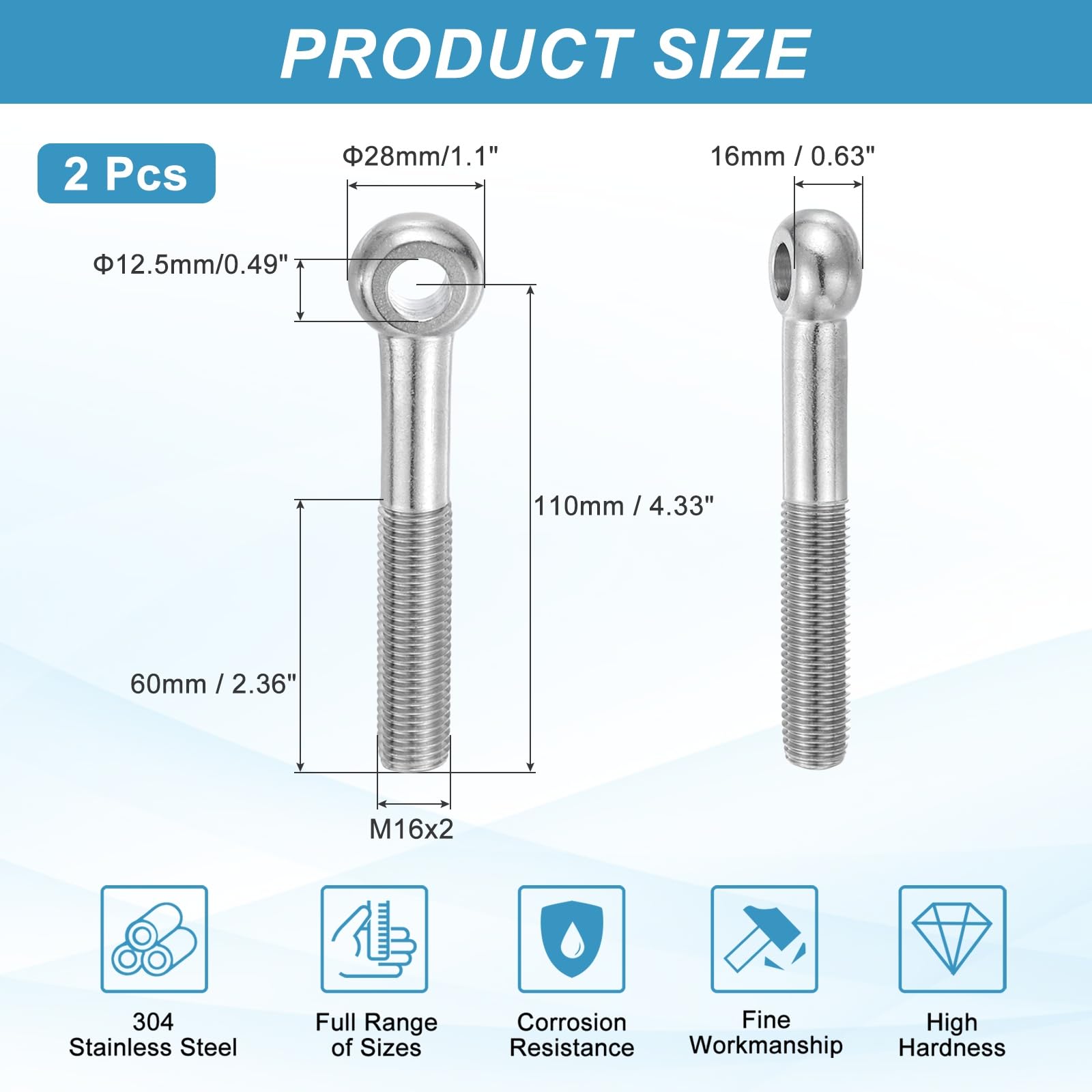 PATIKIL 2 Pcs M16x110mm Shoulder Swing Lifting Eye Bolt - Image 2