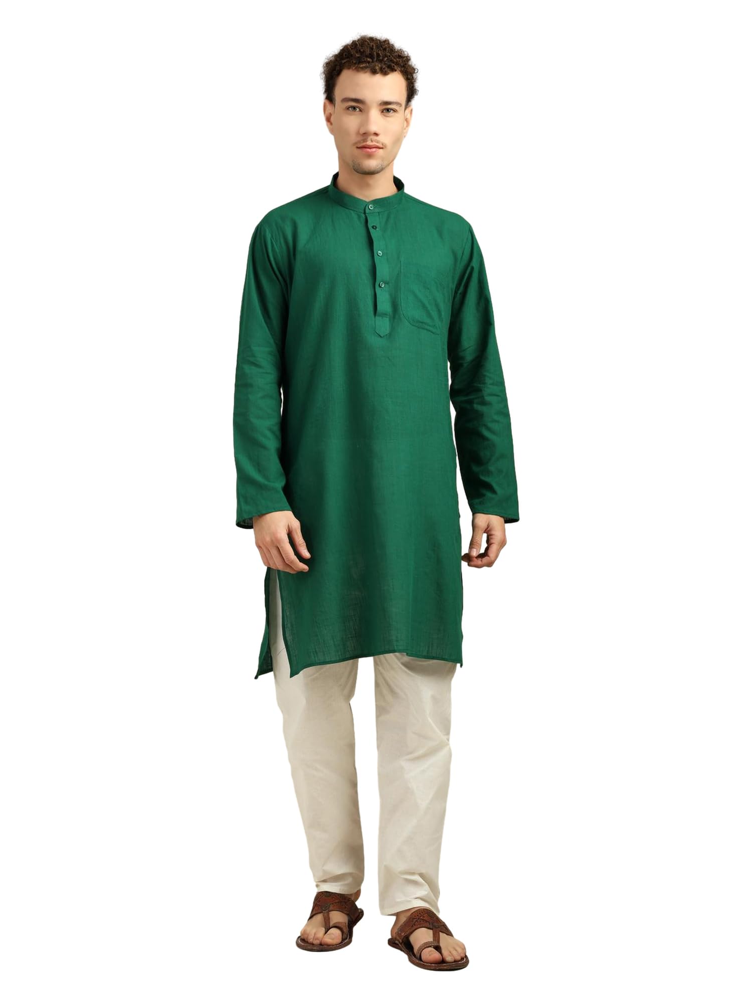 Men’s 100% Cotton Kurta Pajama Set | Solid Long Kurta with White Pajama Pants | Indian Traditional Ethnic Outfit for Wedding, Party & Festival, Bottle Green, Medium
