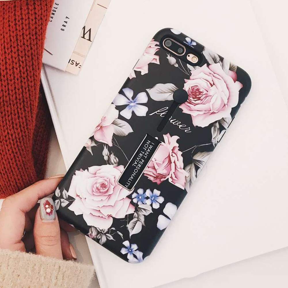 iPhone X/XS Case Finger Grip,3D Embossed Pink Flowers White shell Design,Rugged Shockproof Slim Fit Dual Layer Finger Ring Loop Strap Case,Invisible bracket phone case for iPhone X/XS (Rose 1)