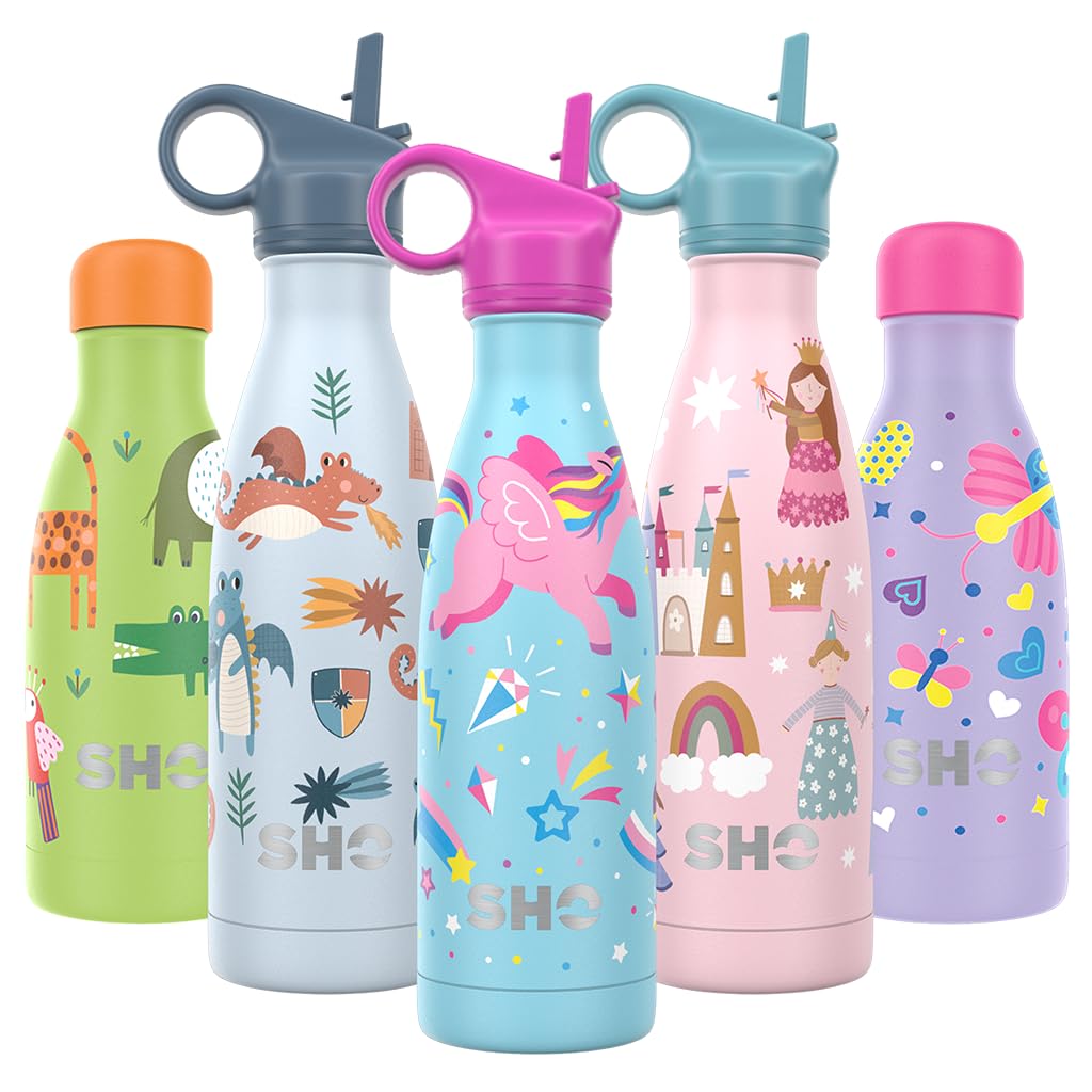 SHO Kids Bottle, Ultimate Insulated, Double Walled Stainless Steel Vacuum Flask & Water Bottle, 12 Hours Hot & 24 Hours Cold