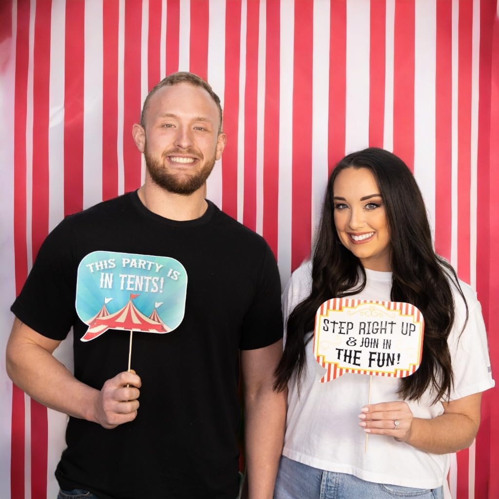 Carnival Photo Booth Props - 41-pc Photobooth Kit with 8 x 10-Inch Sign, 60 Adhesive Pads, 45 Sticks - Circus Theme Party Decorations - Carnival Backdrop