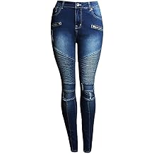 Women's Ripped Moto Biker Skinny Jeans Stretch Riding Jean