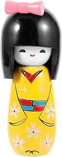 Angoily Decoração De Mesa Boneca Japonesa Quimono Floral De Madeira Kokeshi Brinquedo Menina Quimono Boneca Colecionável Estatueta Para Decoração De Mesa De Escritório Em Casa Amarelo