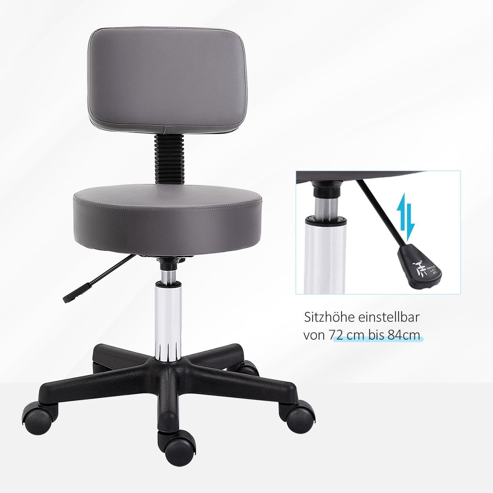 HOMCOM Rollhocker höhenverstellbar mit Rückenlehne Drehhocker 72-84 cm Arbeitshocker 360° drehbar Bürohocker für Büro Salon Massage Spa Grau