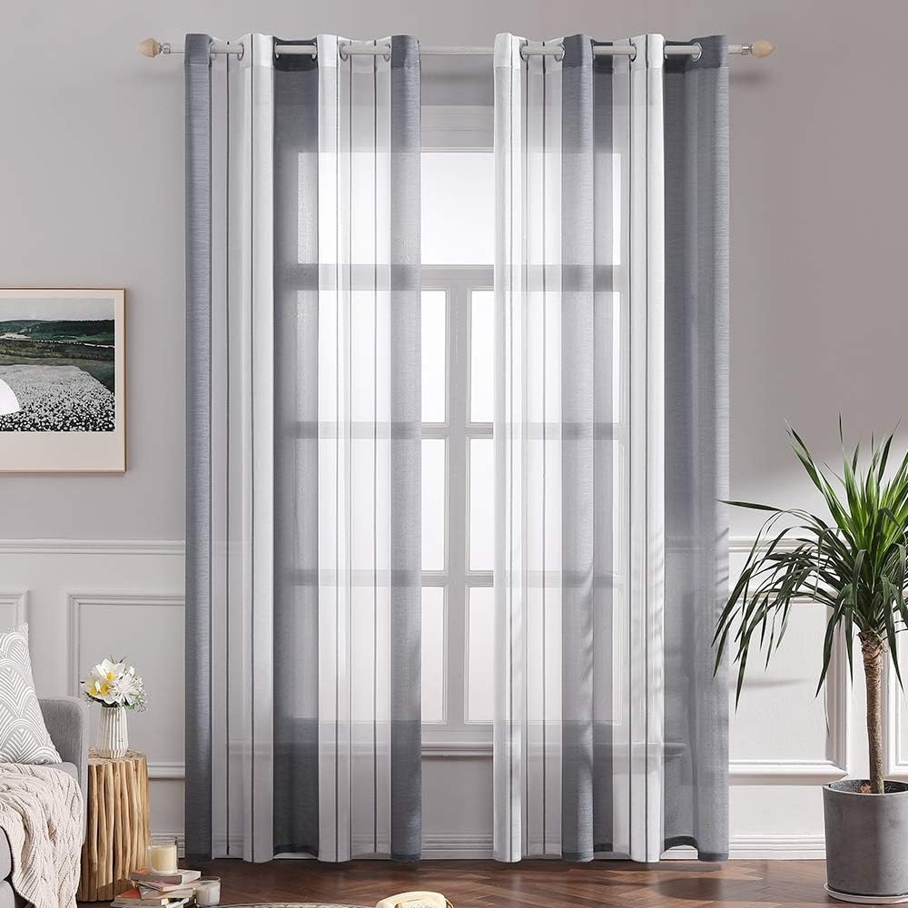 MIULEE Tende a Righe per Interni, Tende Trasparenti in Voile Tende Camera da Letto, Tenda Salotto Moderne con Anelli, Tenda a Pannello da Interno Finestra a Righe Bianche e Grigie, 2x 140270x CM