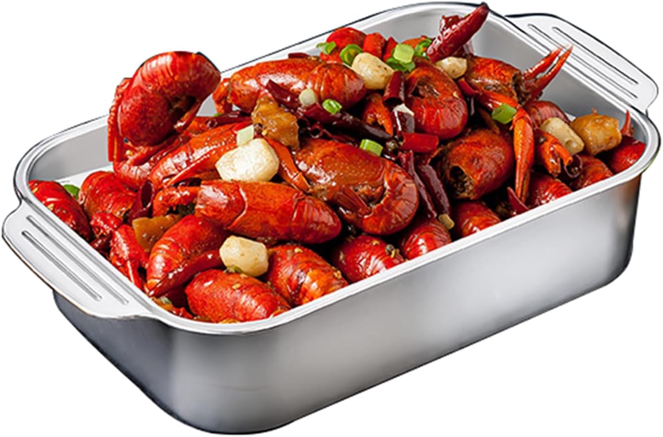 Stainless Steel Rectangular Roaster Lasagna Pan Chicken Roasting Tray 5 Sizes Deep Baking Sheet Cake Cookie Plate Food Dish Serving Platter for Baking Breads, Turkey, Fish, Vegetables (51cm,Deep)