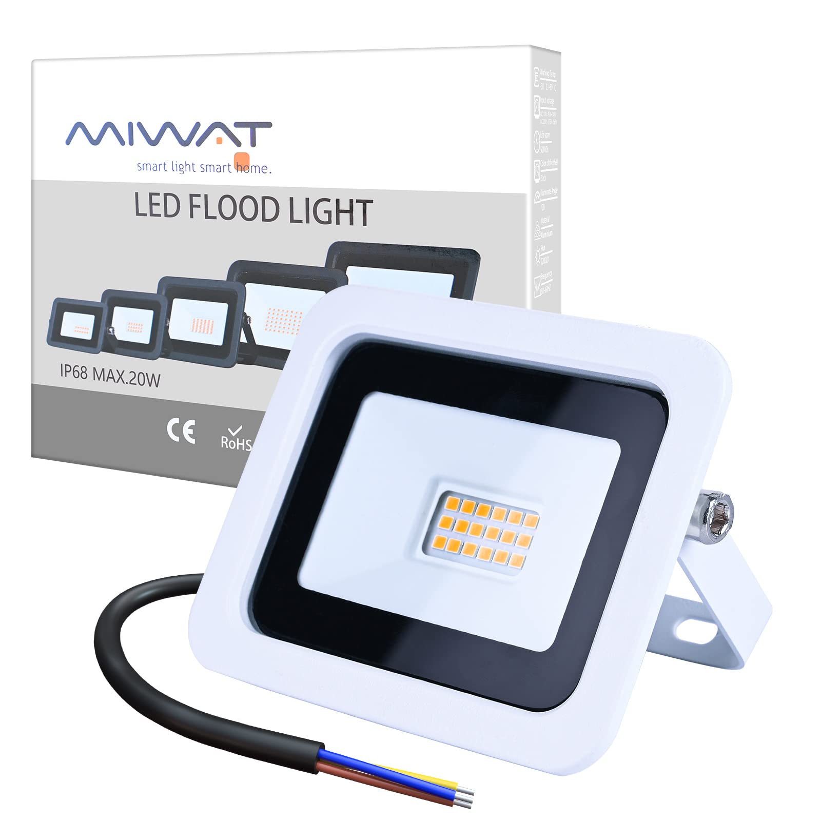 Ultra-Thin MIWAT LED Flood Light Spotlight Led Search Lamp 220V Floodlights for Outdoor Garden Street Square (Warm White-2700K, 20W) — image 1