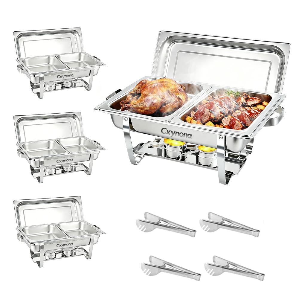 �️Chafing Dish Set 4 Pack 9L Stainless Steel Buffet Food Warmer with Spoons and Serving Tongs for Party Wedding Catering