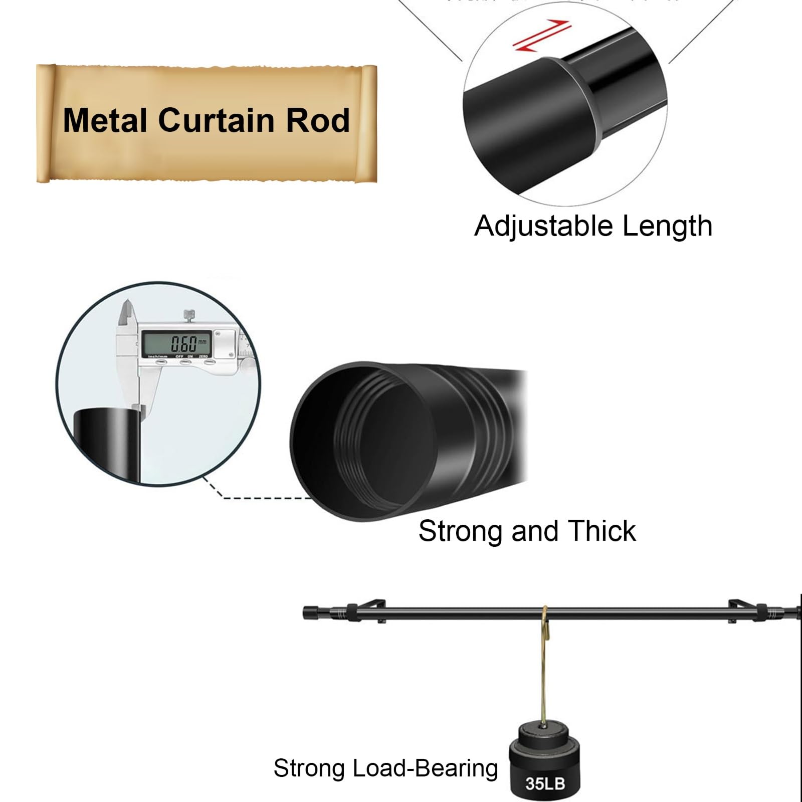 Tringles À Rideaux Robustes pour Fenêtres Tringle À Rideau de Fenêtre À Longueur Réglable avec Embout Style Tringle À Rideau en Acier Au Carbone Noir de 25.0 mm Diamètre(48-84 in(122-213 cm))
