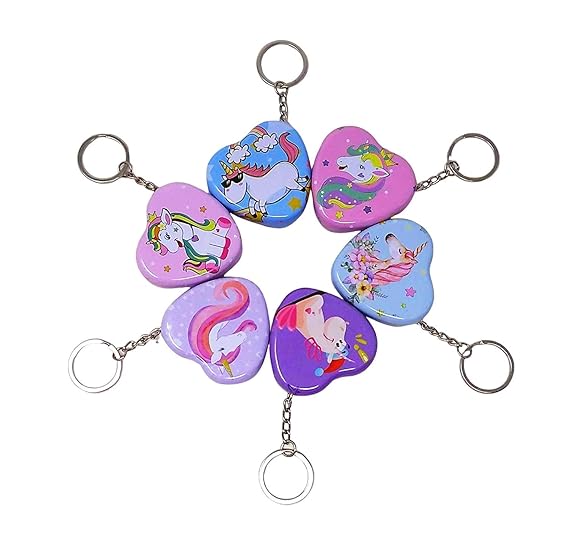 BulkHunt 6 Piece Unicorn Tin Heart Keychains Key Rings as Mini Collectible Boxes Return Gift Kids Boys Girls