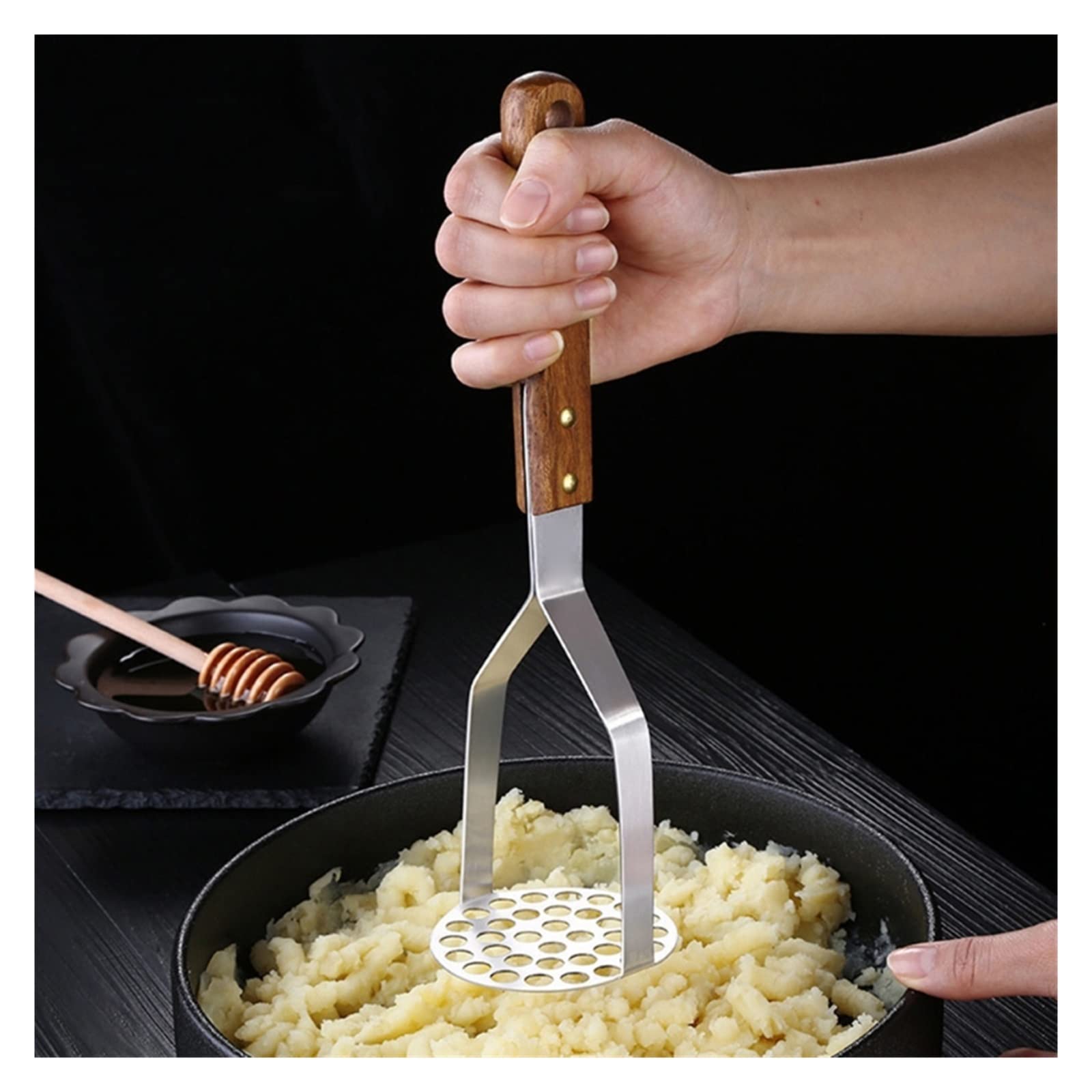 Kartoffelstampfer Kartoffelstampfer Edelstahl Lebensmittelstampfer Utensil mit Holzgriff Gemüse Obst Vielseitiger Stampfer
