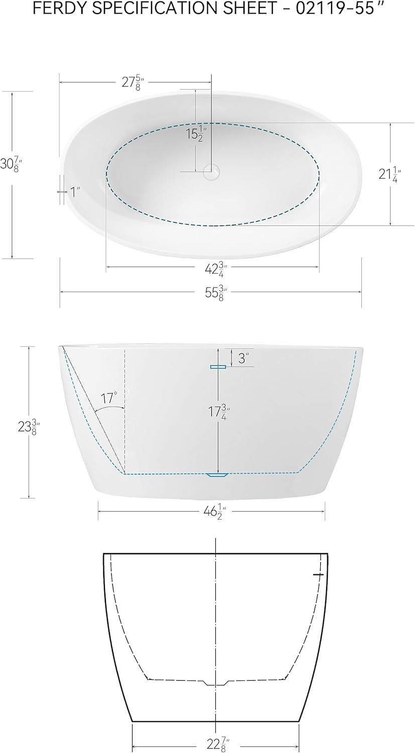 FerdY Tahiti 55" Acrylic Freestanding Bathtub, Elegant Oval Shape Soaking Bathtub, Glossy White, White Drain & Back Scrubber for Shower,Long Handled Loofah on a Stick, Soft PE Mesh Back Sponge