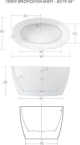 Miniatura 108 de FerdY Bali - Bañera de acrílico independiente, bañera de inmersión independiente con forma graciosa, certificado CUPC blanco brillante, drenaje