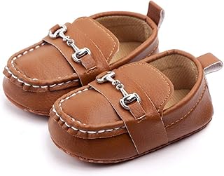 QIETION Baby Girls Boys Loafers, Cute Newborn Crib Shoes, PrewalkerPU Sneakers, Perfect for Baptism/Crawling/Wedding Brown 12-18 Months V201-BR13