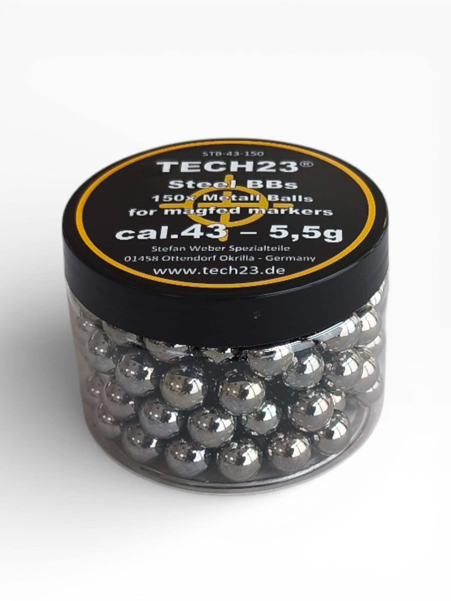 TECH23 150x Steel Shot Premium Chromstahlkugeln Kaliber .43 – 5,5g Schwere Präzisions-Stahlkugeln für T4E RAM Markierer (Glock 17, Walther PPQ, SFP9, PDP) – Ideal für Plinking & Home Defense