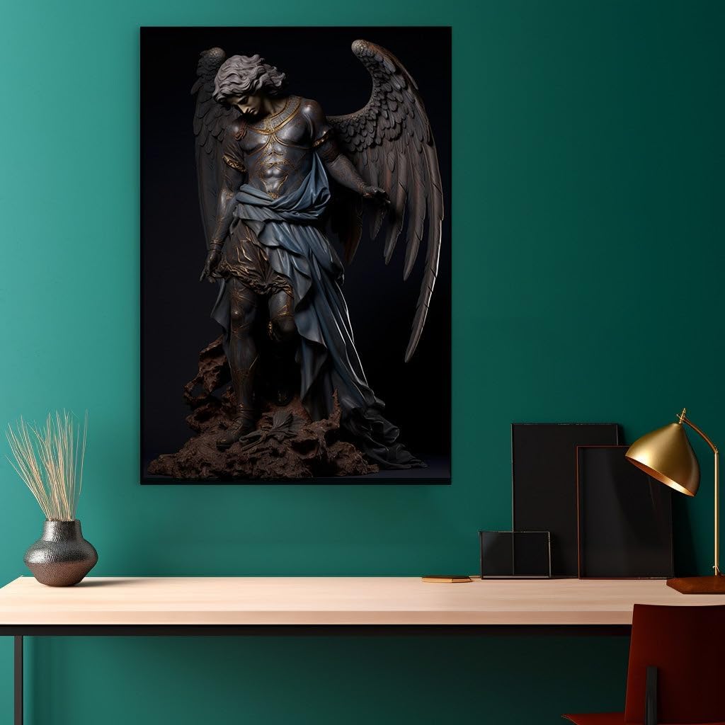 Canvas for Living room. Winged Warrior: A Statue's Battle Amidst Ruins and Gold, 27 x 18 inch Canvas Wall Art - Ready to Hang - 69x46 cm (27x18 inch)