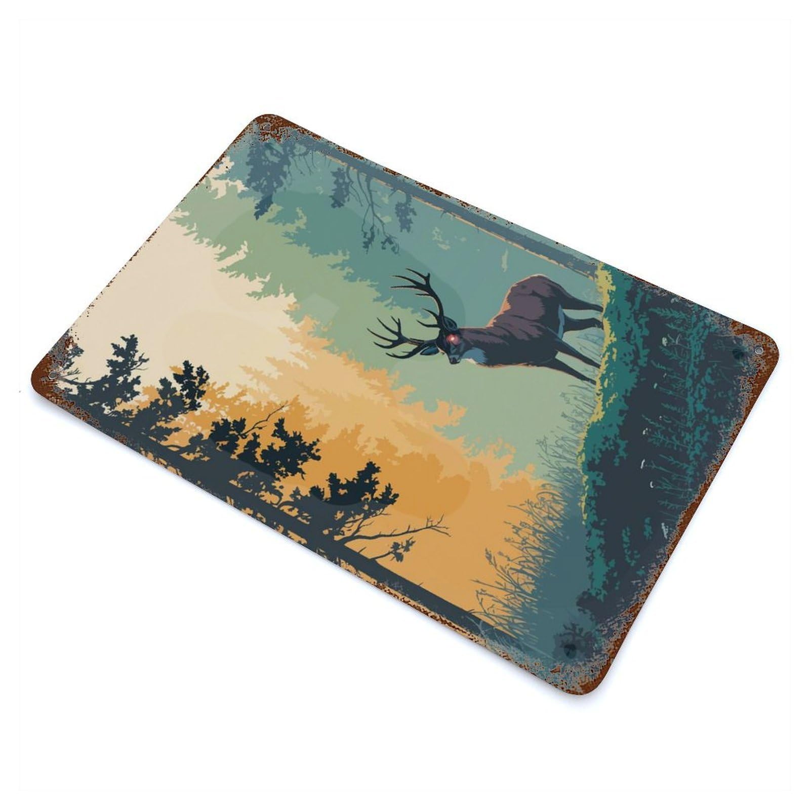 Deer in Forest with Glowing Eyes Rusty Metal Tin Sign 11.8"x7.9", Ideal for Pub, Kitchen And Man Cave Decor