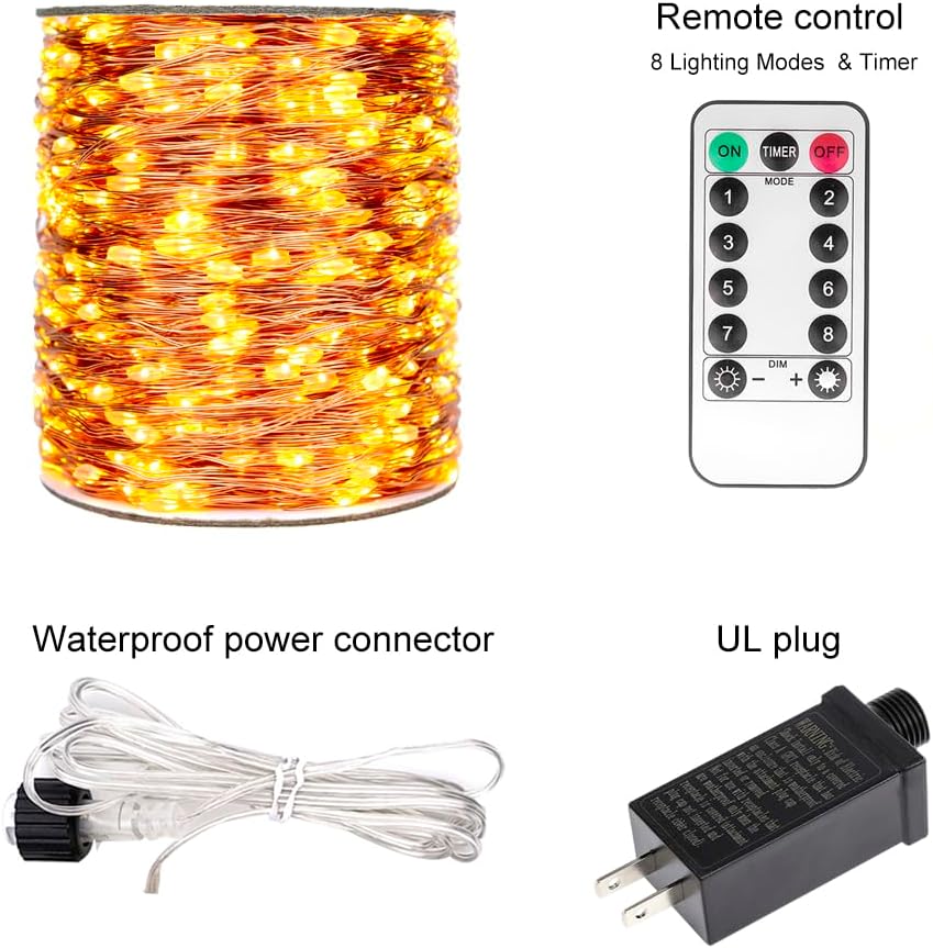 200 FT Warm White Fairy Lights Plug in Copper Wire String Lights with Remote, Timer, 600 LEDs, Ideal for Bedroom to Garden, Christmas Tree, Wedding Party (Indoor/Outdoor)