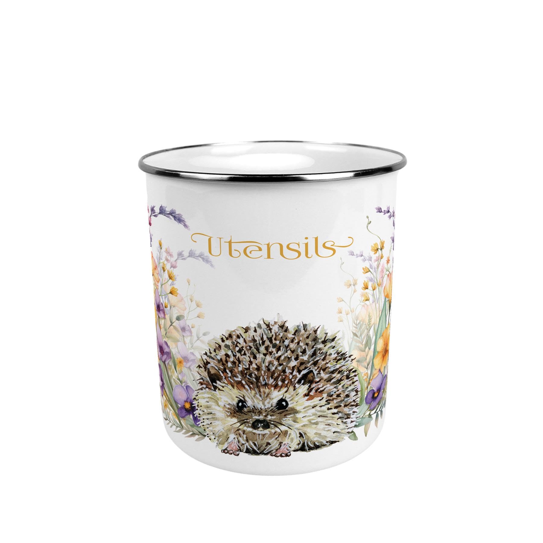 Purely Home Hedgehog & Wildflowers Large Metal Utensil Pot - Stylish Wildlife & Floral Tin Kitchen Utensil Holder/Organiser for Countertop - 15cm(h) x 14cm(dia.)